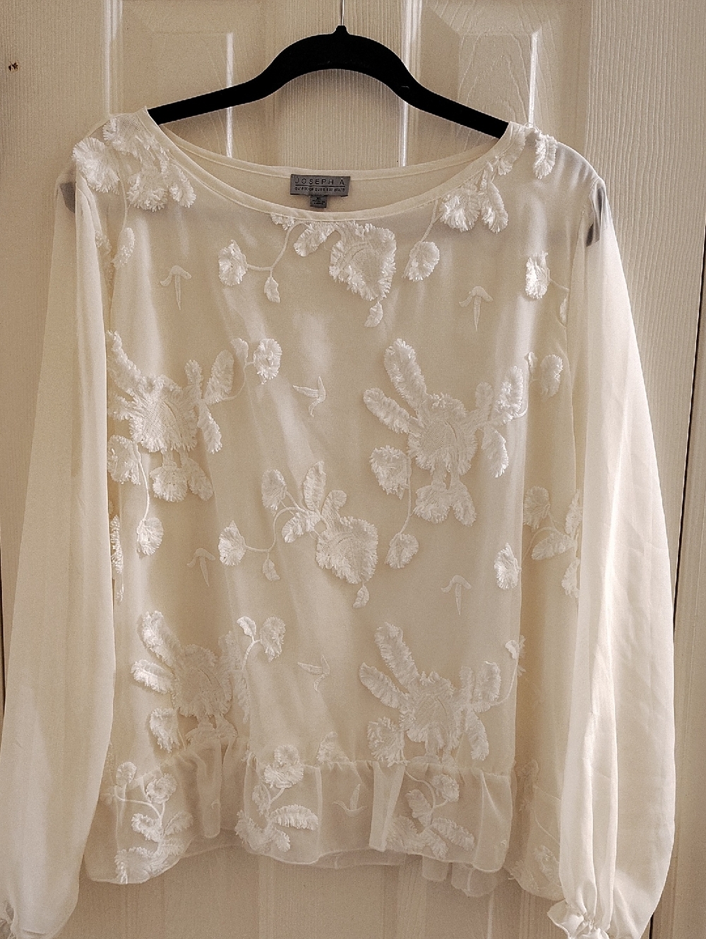 Joseph A White Floral Embroidered Sheer Top